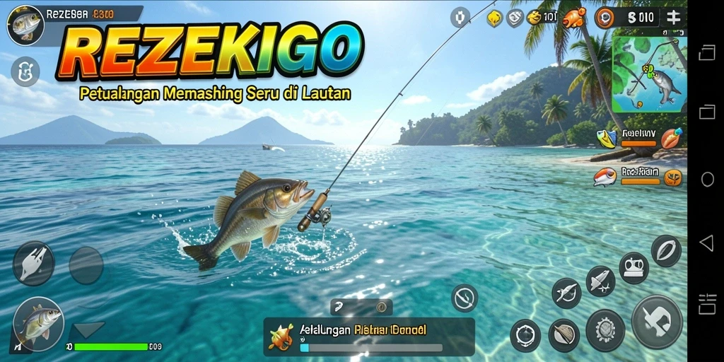 Screenshot utama REZEKIGO menampilkan pemain yang sedang memancing di tengah laut.