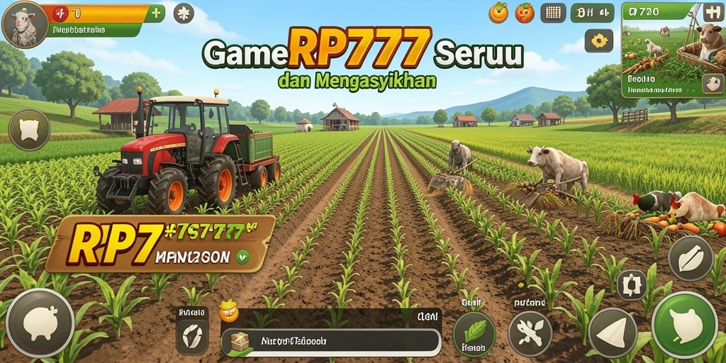 Screenshot RP777 menampilkan gameplay menarik dengan ladang dan hewan ternak.
