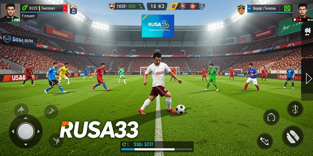 Screenshot gameplay RUSA33 menampilkan aksi seru di lapangan sepak bola.